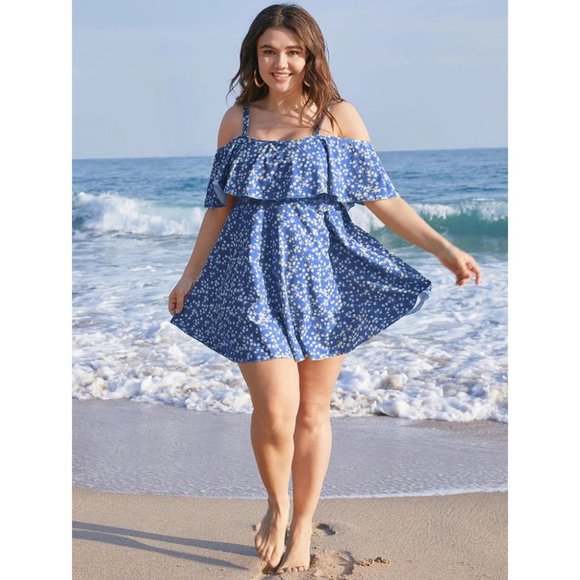 NWT BloomChic Ditsy Floral Cold Shoulder Sculpt Waist Ruffles Swim Dress 30/6X - Picture 3 of 5